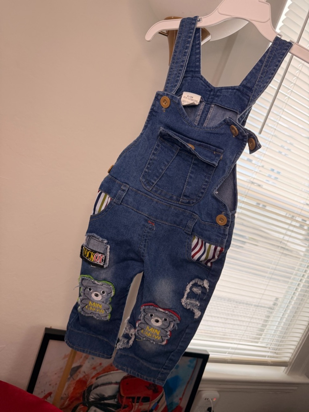 Kids Blue Denim Overalls with Teddy Appliqués